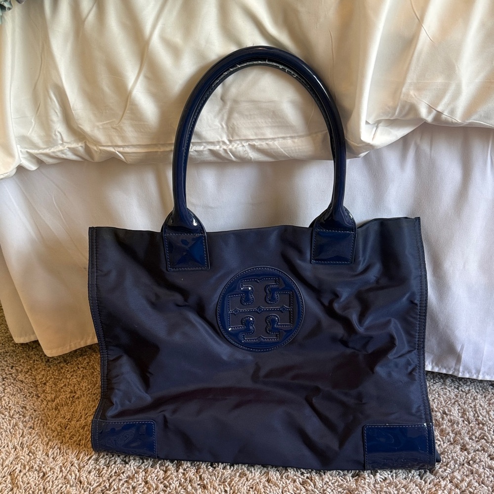 Tory Burch Navy Patent-Trim Logo Tote